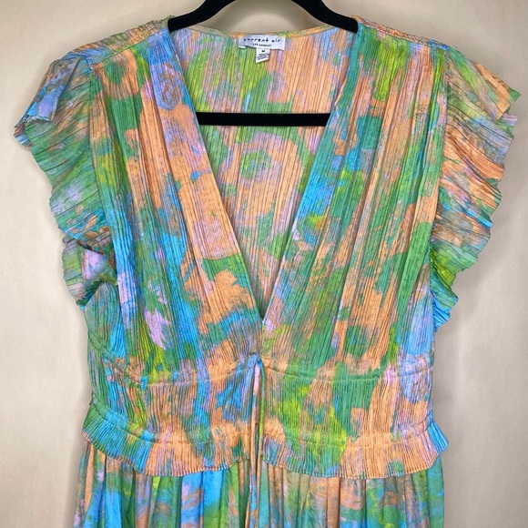 Current Air Anthropologie Pleated Dress Green Flutter Sleeve Abstract Sz M - Picture 5 of 9